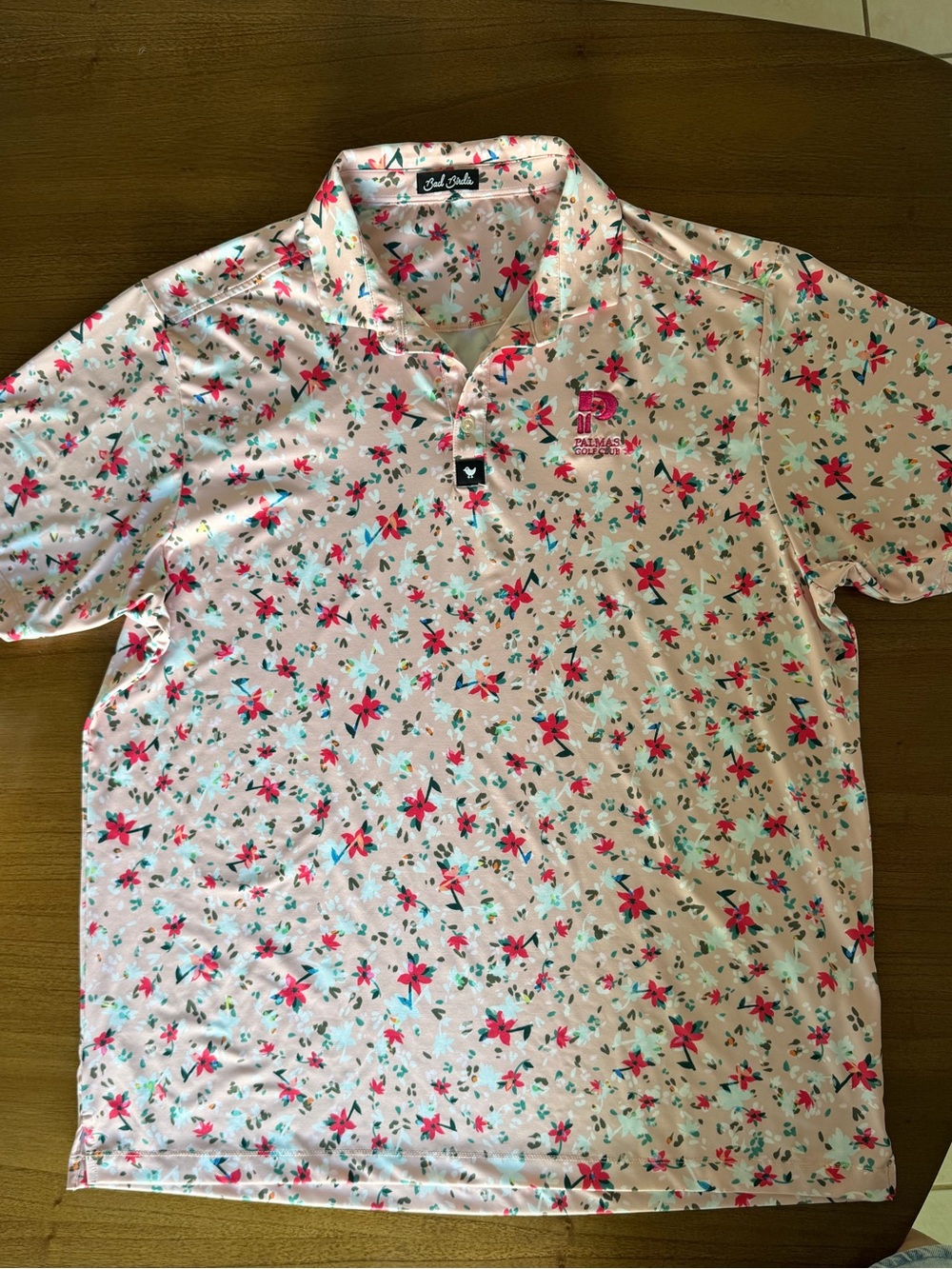 Bad Birdie Pink Floral Polo with Red & Teal Accents